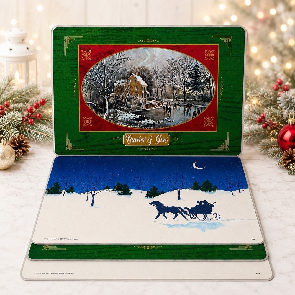 VTG Bright of America Currier & Ives Christmas Placemats Reversible USA Set/4